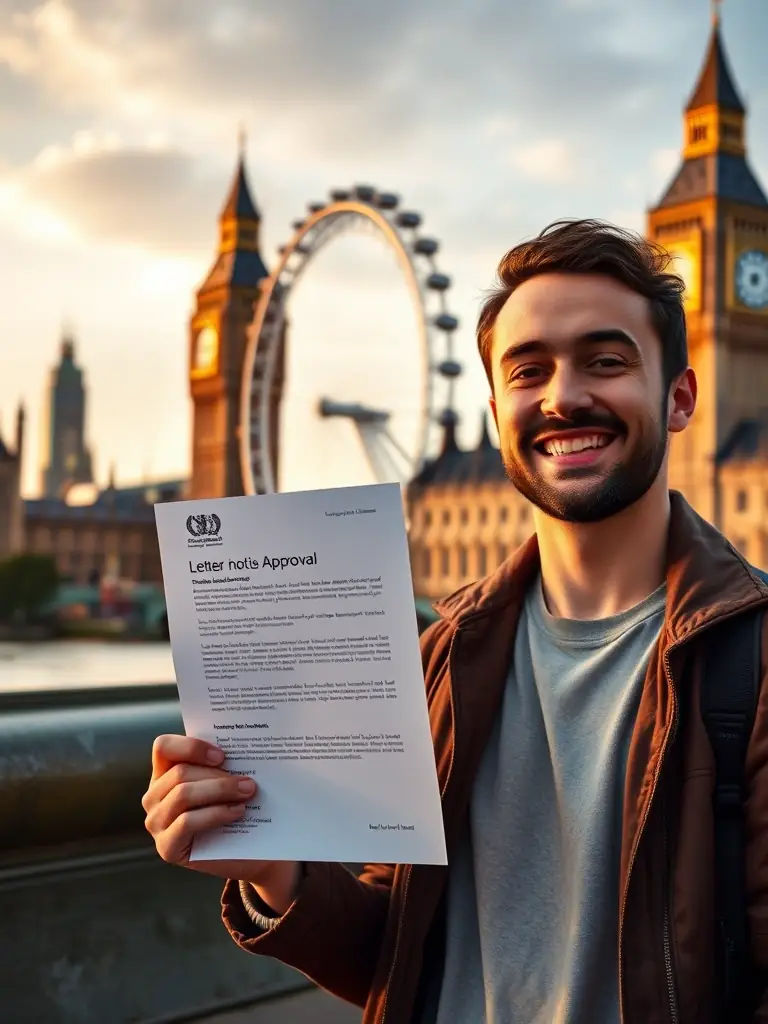 A person happily receiving a letter confirming their benefits approval, set against a backdrop of London landmarks.