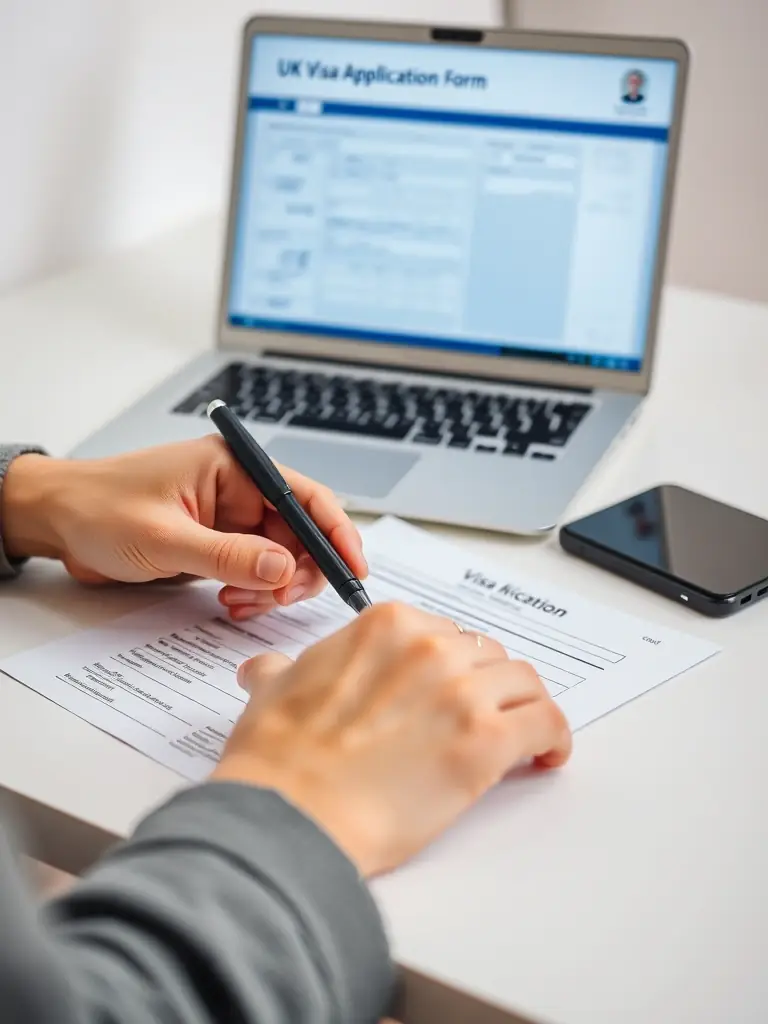 A professional photo of a UK visa application form being filled out on a desk with a laptop in the background, symbolizing visa application services.