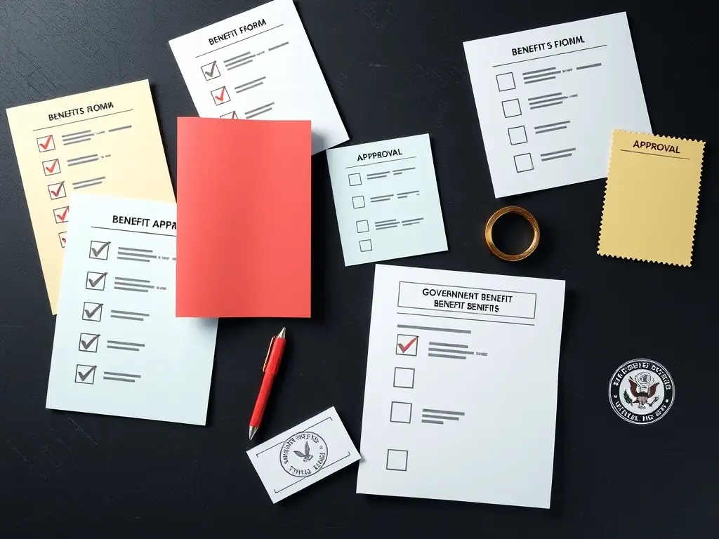 An image of various government benefits forms neatly organized, representing the benefits application services provided by London E-Servics.
