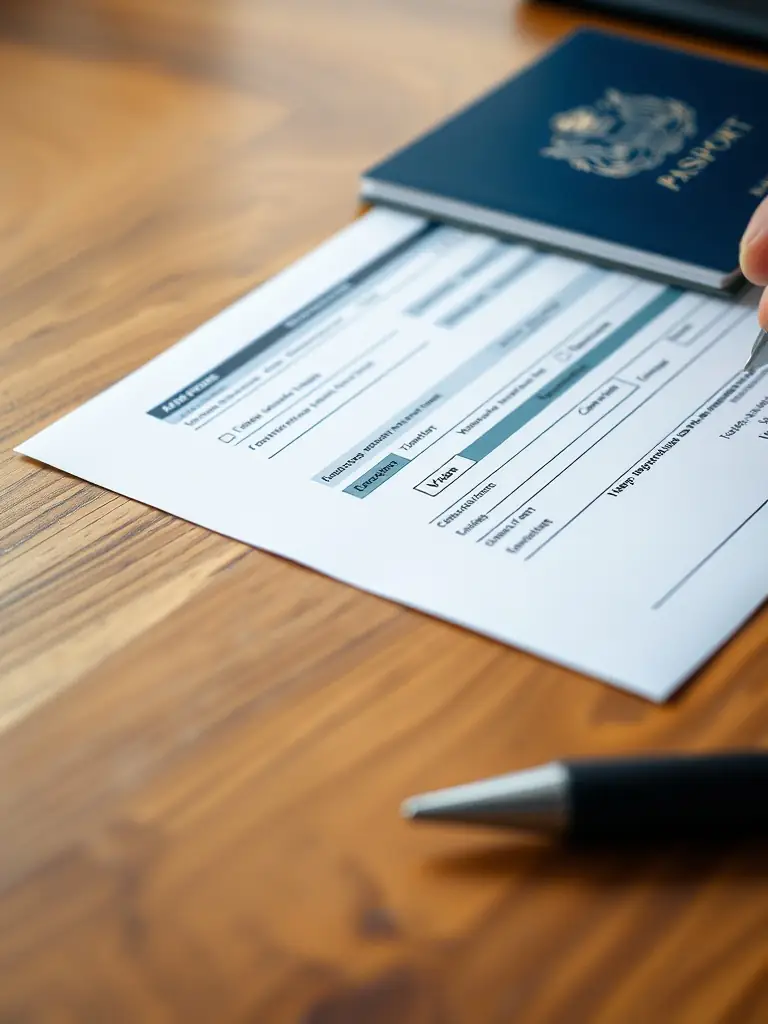 A professional photo of a UK visa application form being filled out on a desk with a laptop in the background, symbolizing the visa application services offered by London E-Servics.